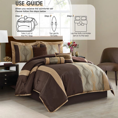 Lanco Elegant Black and Gold Comforter Set,Striped, 7 Pieces Jacquard Bedding Sets with Comforter for All Season, Bed Skirt, Pillows & Shams, Queen Size, Lightweight Microfiber