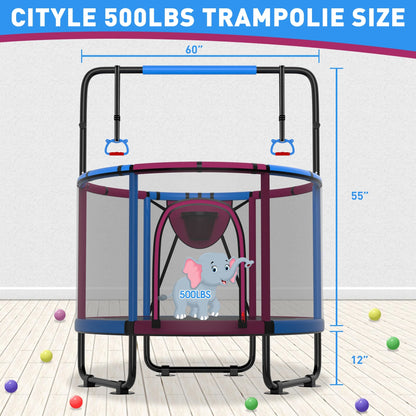 CITYLE Trampoline for Kids 600LBS 60'' 5FT Toddler Trampoline Indoor Outdoor with Basketball Hoop, Swing, Adjustable Bar, Mini Small Trampoline with Enclosure, Gifts for Toddlers, Boys & Girls