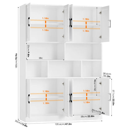Homfa 8 Door Pantry Cabinet with Adjustable Shelves��71��H Storage Cabinet with Open Cubes for Kitchen, Dining Room, White
