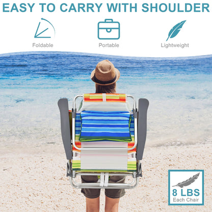 Costway 2-Pack Folding Backpack Beach Chair Table Set 5-Position Outdoor Reclining Chair Pink