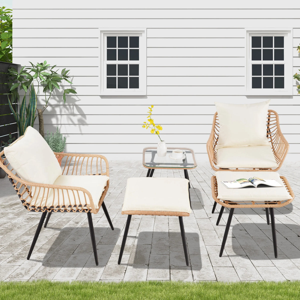 Ainfox 3-Piece Steel Outdoor Bistro Sets with Metal Chairs and Glass Top Table, Beige