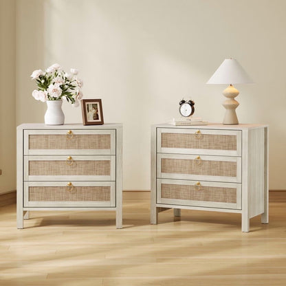 Surmoby Oak Boho 3-Drawer Nightstand Set of 2 - Extra Wide Storage Night Stand with Gold Handles Large&Tall Bed Side Table for Bedroom Living Room Enterway