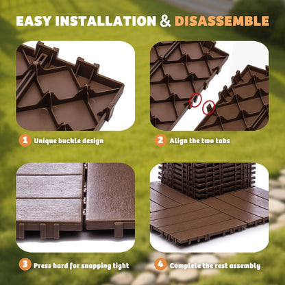 76 Pack Interlocking Deck Tiles, 11.42"x11.42", Polypropylene, Waterproof Outdoor Flooring, 3D Wood Grain Plastic, for Patio, Balcony, Backyard