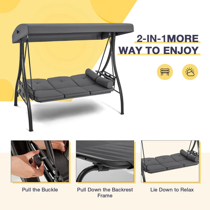 Homrest 3 Person Patio Outdoor Porch Swing with Adjustable Canopy, Backrest, Swing Bed with Stand for Garden,Deck
