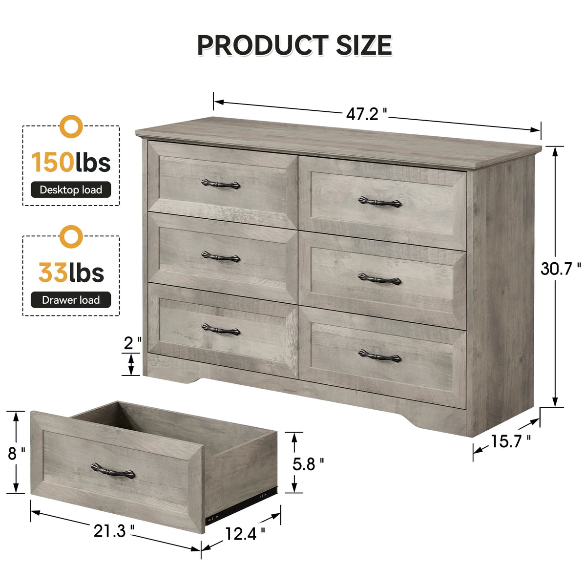 Homhougo White Dresser for Bedroom 6 Drawer, Wood Organizer Storage Cabinet with Gray Strip Drawer Door, Chest of Drawers for Closet, Living Room, Hallway, Nursery, Kids Bedroom