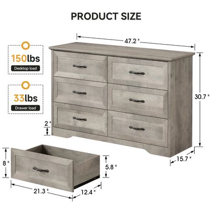 Homhougo White Dresser for Bedroom 6 Drawer, Wood Organizer Storage Cabinet with Gray Strip Drawer Door, Chest of Drawers for Closet, Living Room, Hallway, Nursery, Kids Bedroom
