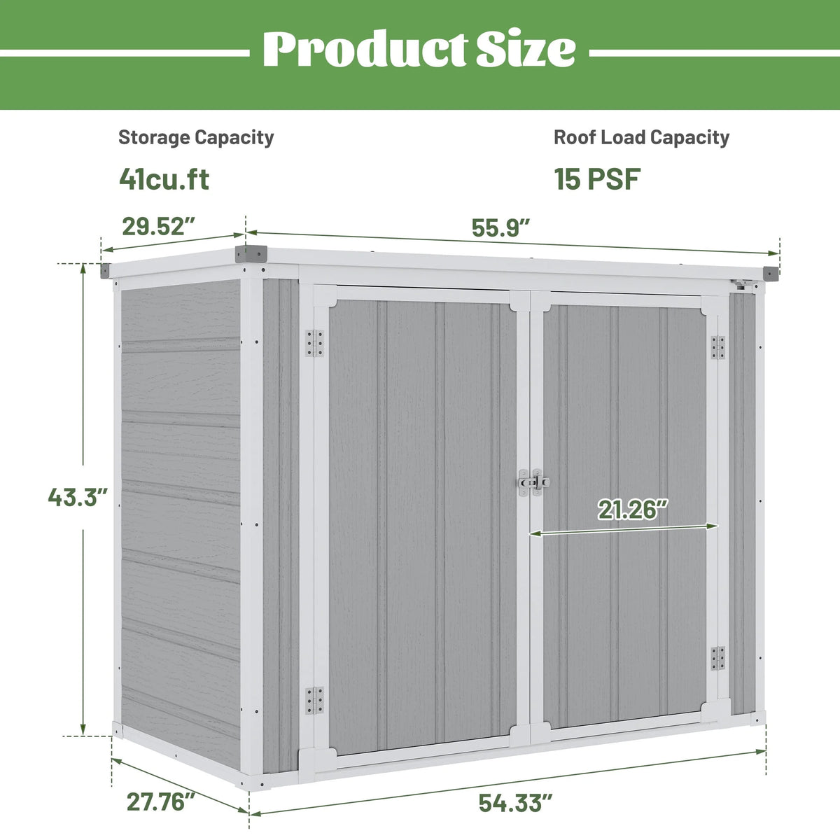 41 cu.ft Outdoor Shed, Horizontal All-Weather Resin Storage Shed, Resistant Tool Shed for Storage of Bike/Trash Cans/Garden Tools/Lawn Mowers, 55.9"L x 29.52"W x 43.3"H Gray