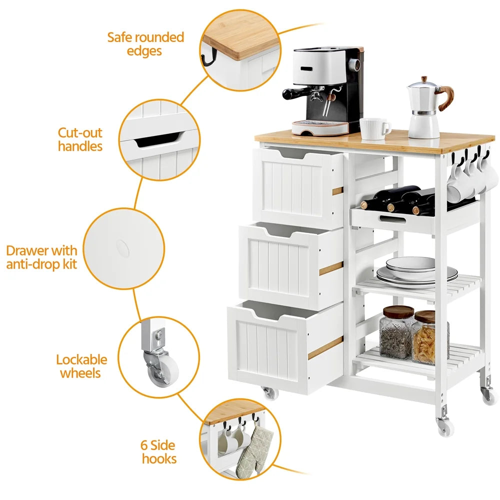 Alden Design 33" H Kitchen Storage Serving Cart for Kitchen Dining Room Bar, White