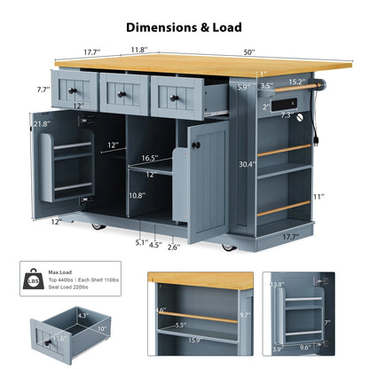 EUROCO 53" Large Kitchen Island with Drop Leaf,Kitchen Island Cart on 5 Wheels with Power Outlet,Door Internal Storage Rack and 5 Open Side Racks,Rolling Kitchen Table for Dining Room,Grey Blue