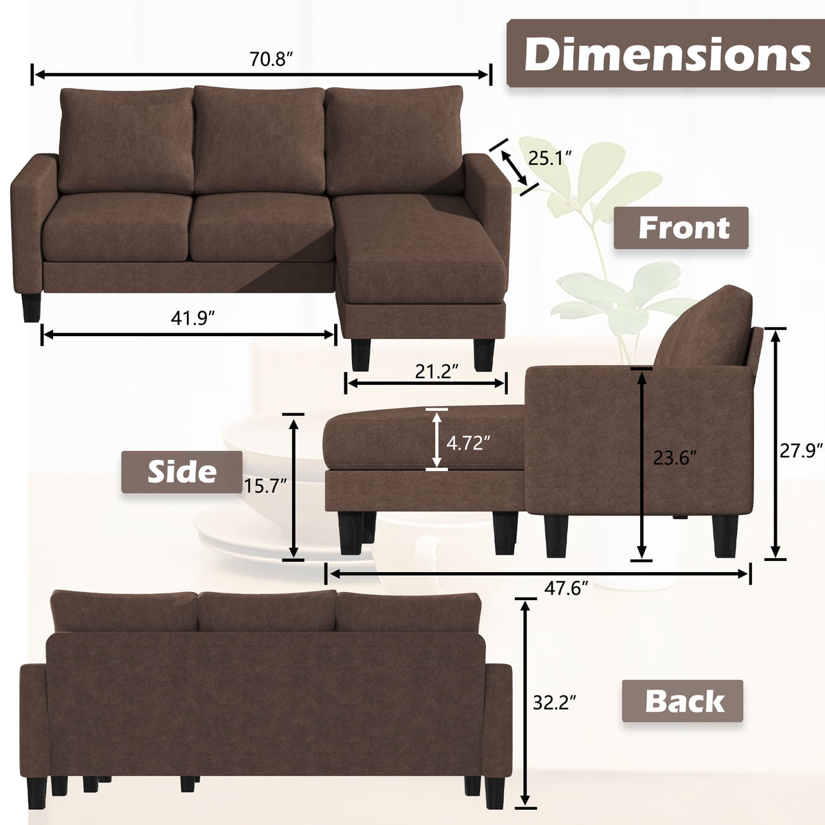 Homall Convertible Sectional Sofa Couch, Modern Linen Fabric L-Shaped Couch 3-Seat Sofa Sectional with Reversible Chaise for Small Living Room, Apartment and Small Space, Dark Gray