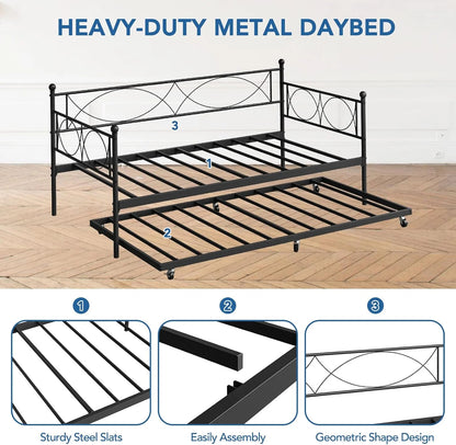 Senfot Twin Daybed with Trundle, Pull Out Trundle Day Bed, Twin Mattress Foundation with Metal Slats, Modern Sofa Bed for Living Room, Bedroom, and Guest Room, Black