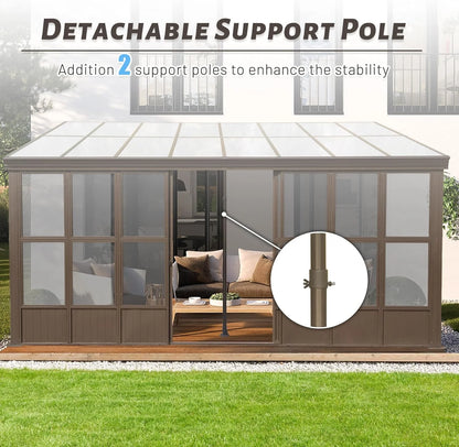TOTAL Outdoor 10'x12' All-Season Sunroom Gazebo with Steel Roof, PVC Screen, Front & Side Door, Brown