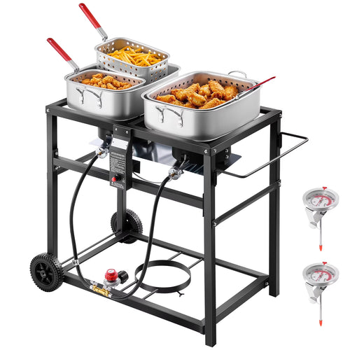 KFFKFF Outdoor Propane Deep Fryer, Dual-Tank 18QT x 2 Commercial Fryer, Portable Frying Cart with Wheels, 3 Baskets, 2 Thermometers, Stainless Steel Cooker for Fish, Wings, and Fries, 40,000 BTU