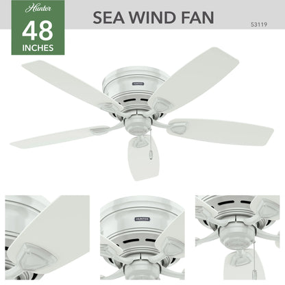 Hunter - Sea Wind Indoor/Outdoor Low Profile Ceiling Fan, 48-inch, Matte Black, Nautical-style, 3-speed WhisperWind Motor, 53118, for Porches, Bathrooms
