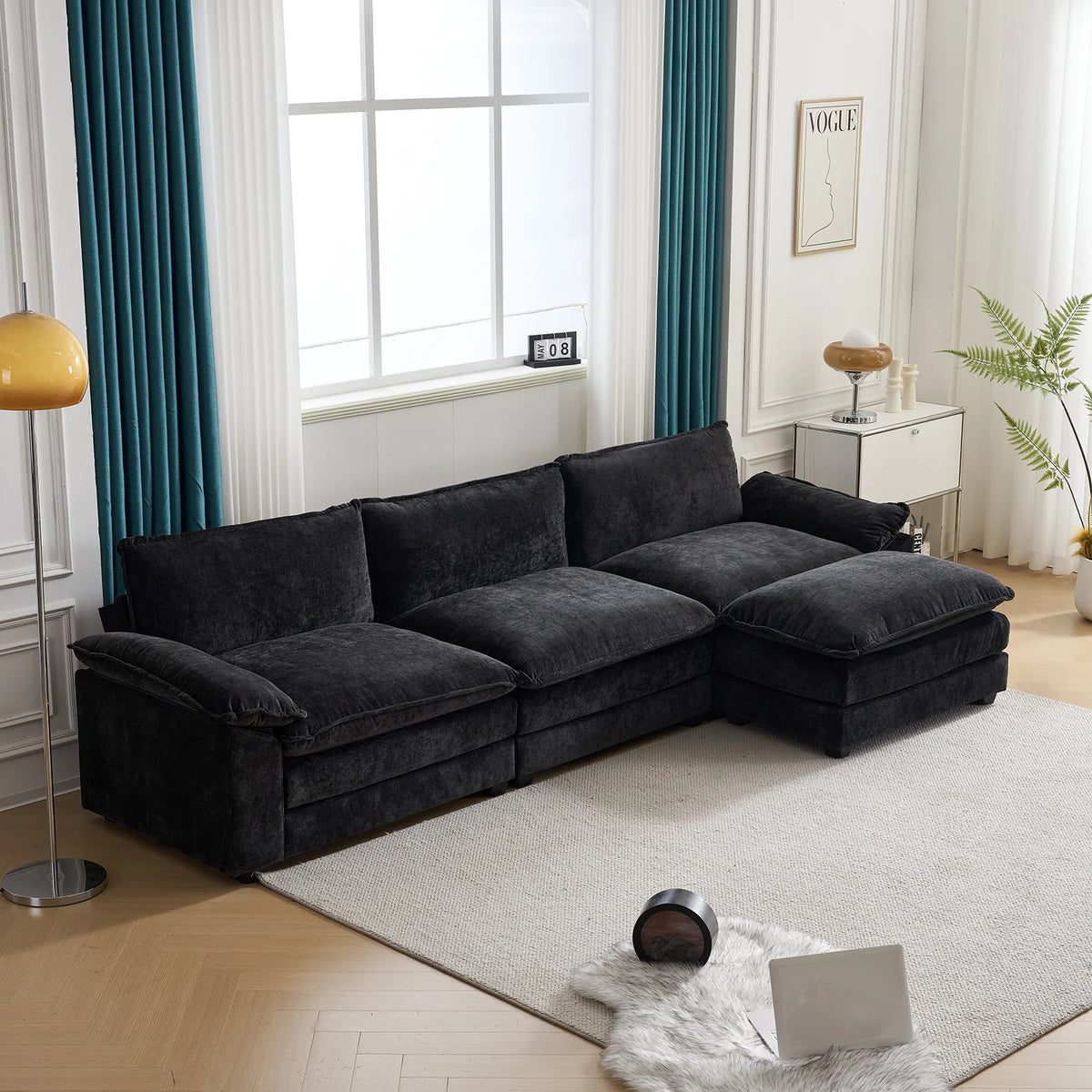 Zimtown Sectional Sofa with Ottoman, L Shaped Convertible Couch with Removable Chaise Chenille Fabric Sofa Set for 4-6 Persons Living Room Furniture Dark Grey