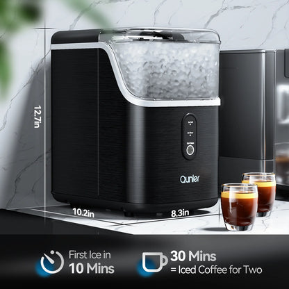 Qunler Nugget Ice Maker Countertops, 33lbs Per Day Portable Pebble ice machine, Crushed Sonic ice maker with Soft Chewable Ice for Home, Party, RV, Camping, Stainless Steel Black