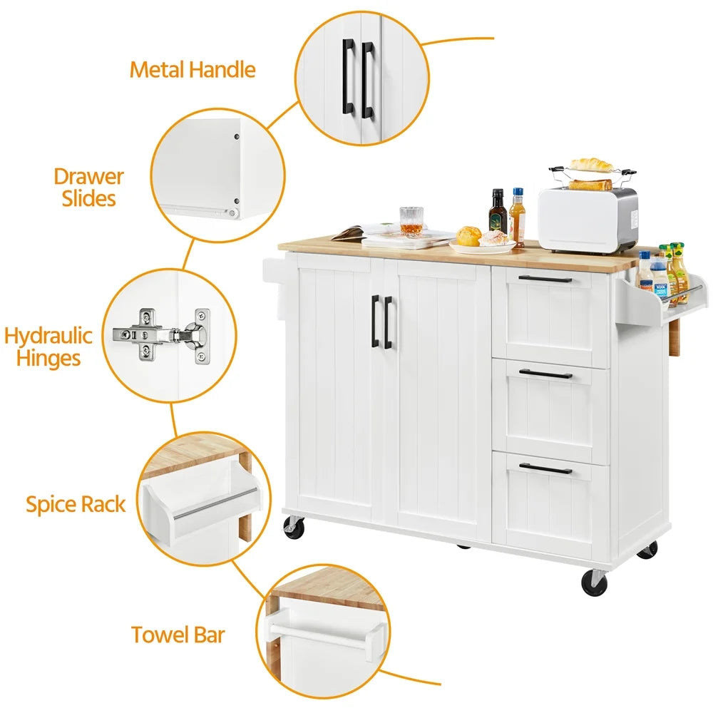 Renwick Rolling Kitchen Cart with Cabinets and Drawers, White