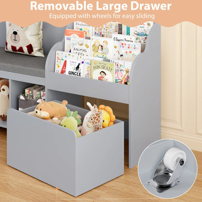 Homfa Kids Bookshelf with Reading Nook, 6 Shelf Bookcase with 1 Wood Toy Bin with 3 Tier Book Rack for Children Kidsroom