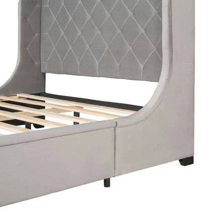 Queen Bed Frame with Storage Drawer, Velvet Upholstered Storage Bed, Wood Platform Bed Frame with Wingback Headboard and a Big Drawer(Beige)