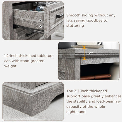 ACCOHOHO Nightstands Set of 2 with Charging Station, Rustic End Table with 2 Drawers Farmhouse Side Table with 3-tier Storage for Bedroom Living Room, White
