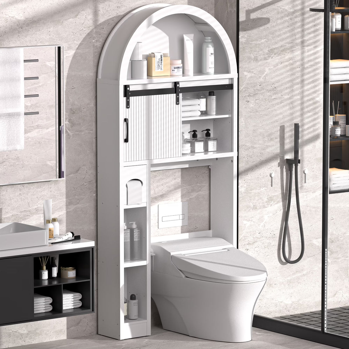 HARIPUL Over The Toilet Storage Cabinet w/ Unique Wood Grain & Arc Design, Freestanding Bathroom Shelf Organizer Space Saver w/ Doors & Anti-Tip Device, Wood Color