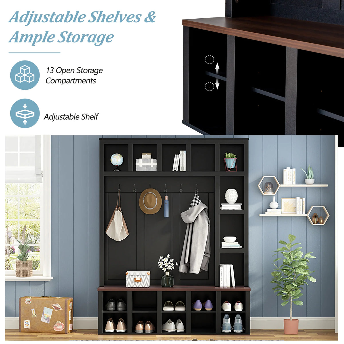 Euroco Farmhouse Wooden Style Hall Tree with 6 Hooks, Walnut Storage Bench, Adjustable Shelves, and 4-in-1 Entryway Shoe Cabinet with 13 Cubbies