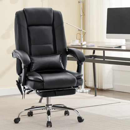 JONPONY Big and Tall Office Chair 500LBS Executive Office Chair Massage and Footrest Ergonomic Computer Desk Chair Reclining High Back Leather Office Chair Lumbar Back Support Swivel Rolling,Black