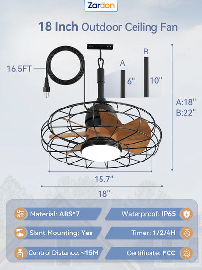 Zardon 20" Outdoor Ceiling Fan with Light and Remote, 7 Blades Caged Waterproof Gazebo Fan for Patio, Porch, Pergola Canopy, App Control