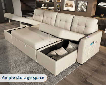 VANACC Sectional Sofa Bed with Storage and Soft Seat ,Reversible Pull Out Couch for Living Room,Beige