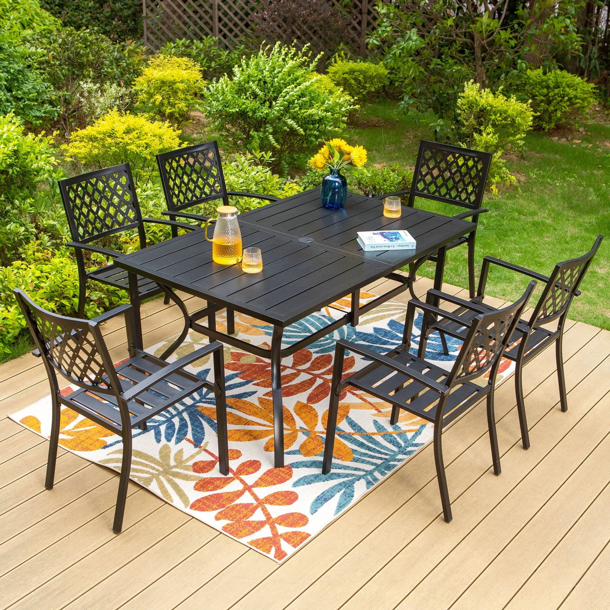MF Studio 60" x 38" Rectangle Outdoor Dining Table with Umbrella Hole, Suitable for 6-Person, Black