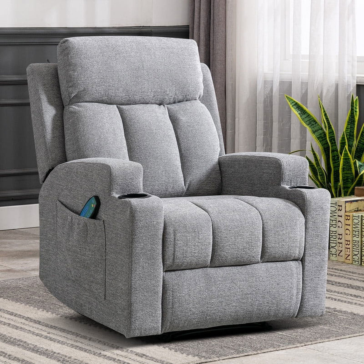 Bonzy Home Heated Manual Massage Recliner with Cup Holder Padded Breathable Fabric Recliner, Home Theater Seating��Navy