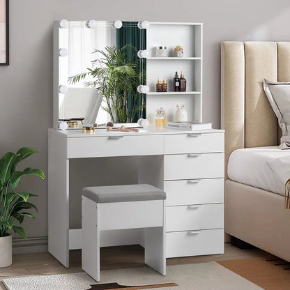 Resenkos Vanity Set with Mirror and 10LED Lights Makeup Vanity Desk Chair with 6 Drawers White