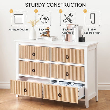 Homhougo White Dresser for Bedroom 6 Drawer, Wood Organizer Storage Cabinet with Gray Strip Drawer Door, Chest of Drawers for Closet, Living Room, Hallway, Nursery, Kids Bedroom