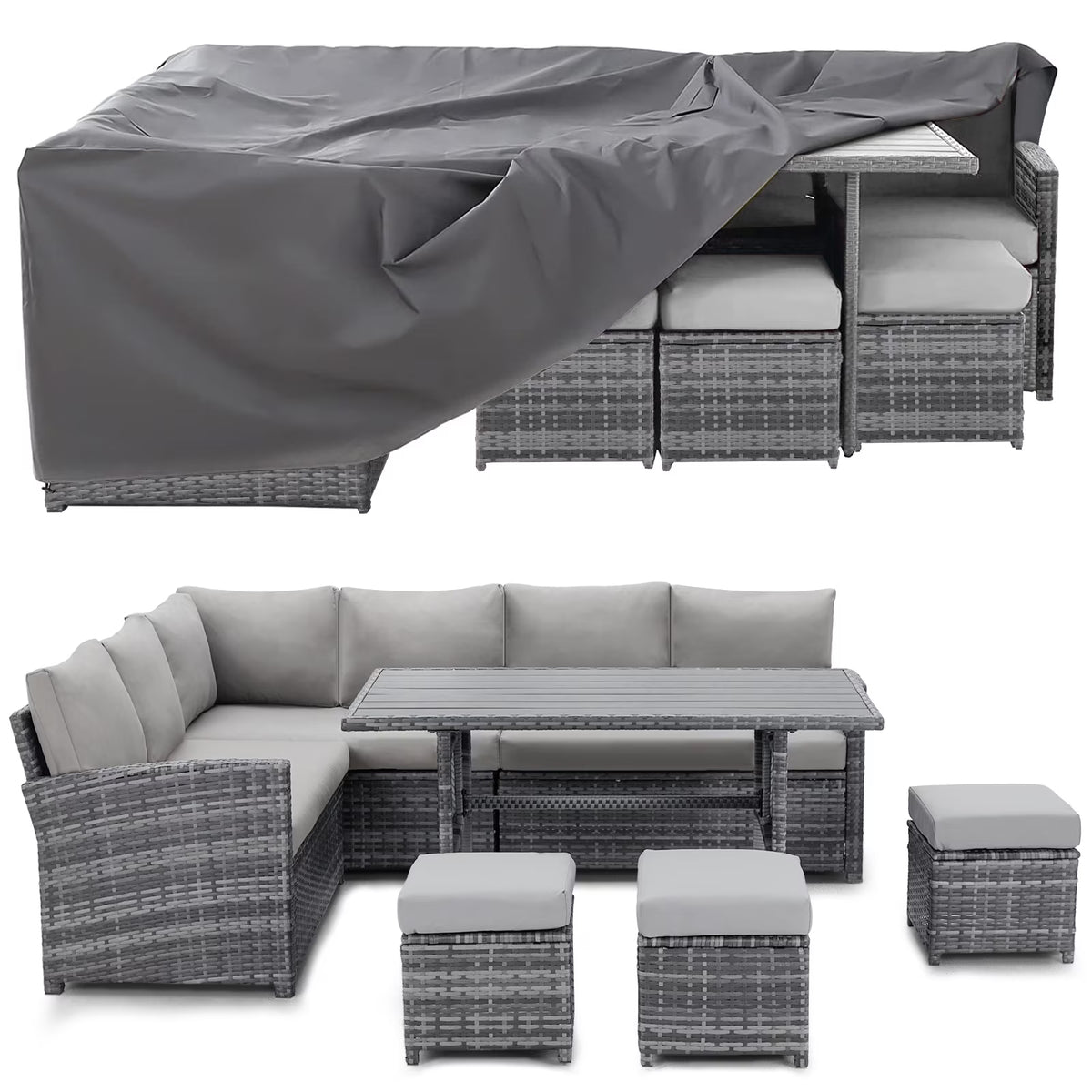 AECOJOY 7 Piece Patio Furniture Set PE Rattan Outdoor Dining Set Sectional Sofa Couch with Table Patio Conversation Set in Gray