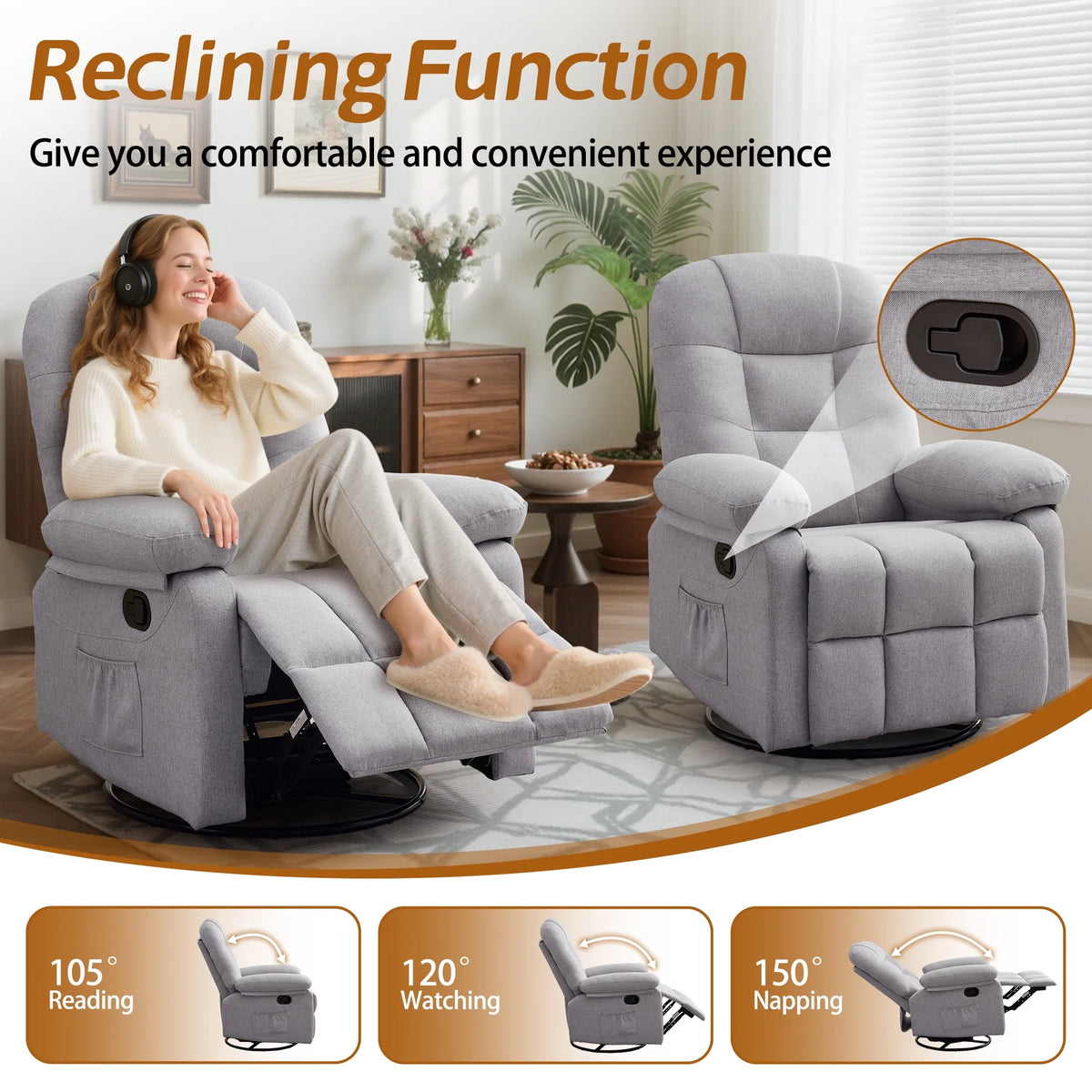 Korser Manual Swivel Rocker Recliner Chair for Living Room,Small Recliner Sofa for Small Spaces,Linen Fabric,Dark Black