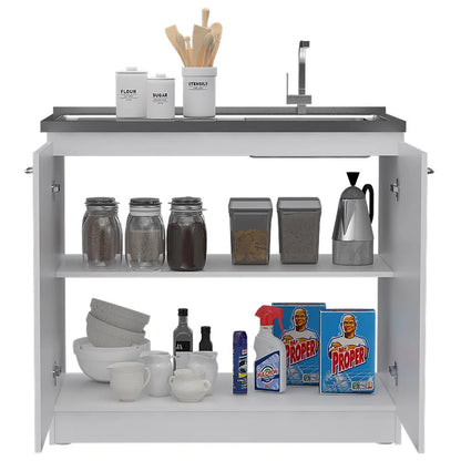 Depot E-Shop Salento Freestanding Sink With Double Door Cabinet, 2 Shelves, White/Light Oak
