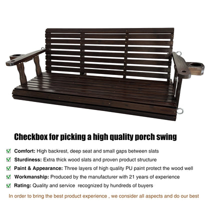 Fortune Candy 3 Person Outdoor Wood Hanging Swing, Heavy Duty 880 lbs Wood Porch Swing, Brown-5ft