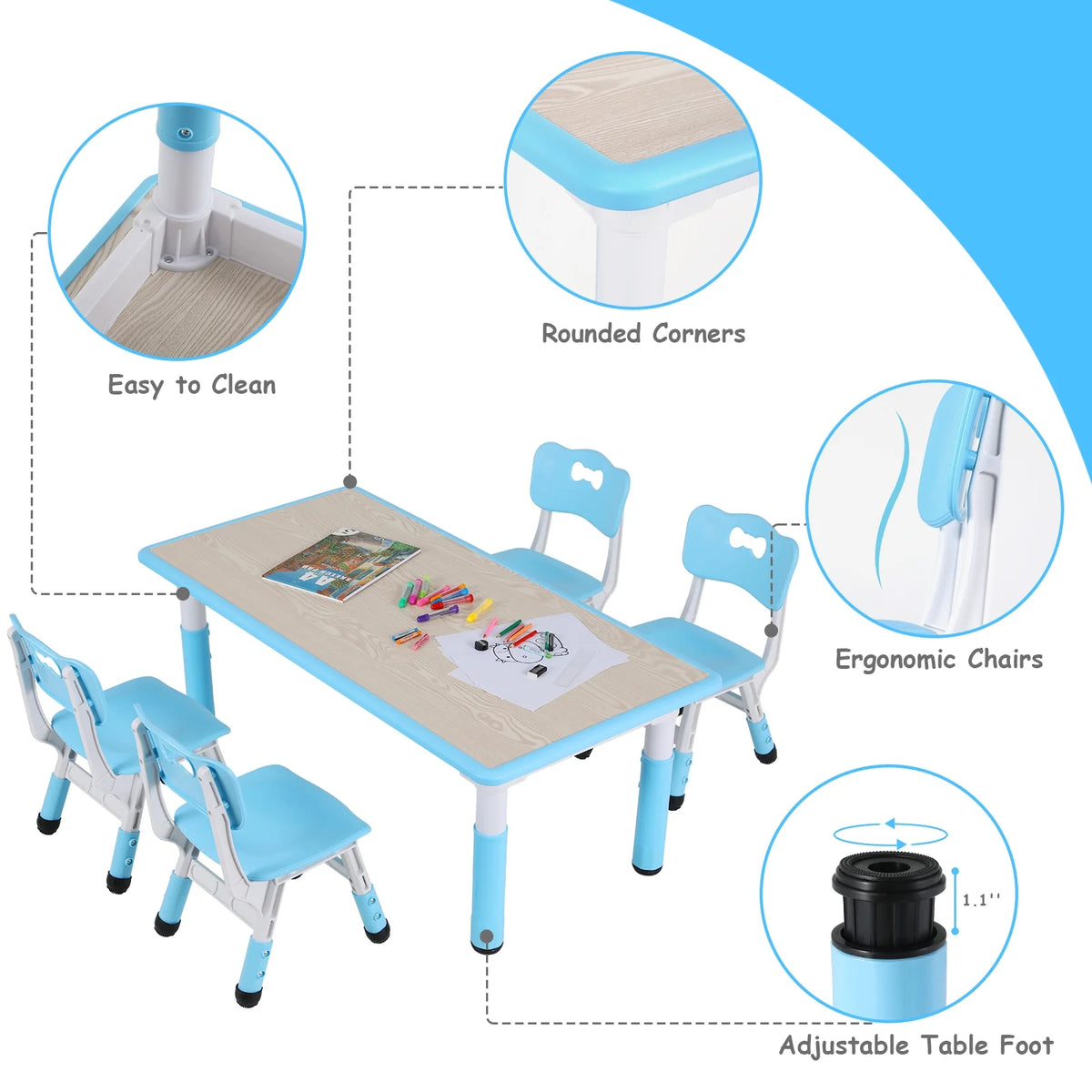 Arlopu Toddler Table and Chair Set Height Adjustable, Kids Activity Table for Reading, Drawing, Eating, Studying, Max 220lbs