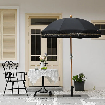 LAGarden 6 Ft Fringe Patio Umbrella with Tassel Jazz Age Wood UPF50+ for Outdoor, Beige with gold tassel,Model: JZ6-01
