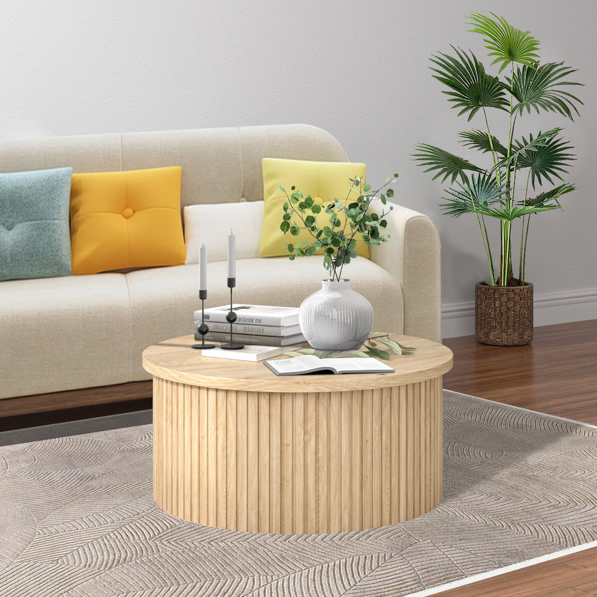Oubayajia Round Coffee Table with Storage, Wood Lift Top Coffee Table, Waveform Panel, Natural
