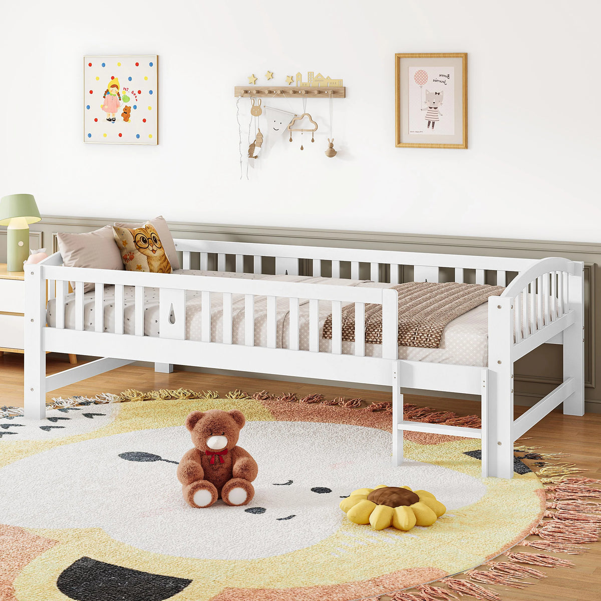 SESSLIFE Twin Size Platform Bed, Solid Wood Twin Bed Frame with Slats, Fence Guardrail Ladder, Twin Floor Bed with Strong Legs for Boys Girls, No Box Spring Needed, Holds 400 lbs, White