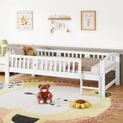 SESSLIFE Twin Size Platform Bed, Solid Wood Twin Bed Frame with Slats, Fence Guardrail Ladder, Twin Floor Bed with Strong Legs for Boys Girls, No Box Spring Needed, Holds 400 lbs, White