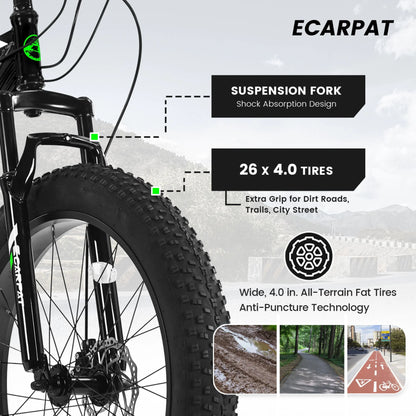 26-Inch Fat Tire Bike for Adults/Teens, Shimano 21-Speed Mountain Trail Bike with Dual Disc Brakes-Black