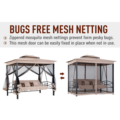 Outsunny 3 Person Patio Swing Chair, Gazebo Swing with Double Tier Canopy, Cushioned Seat, Mesh Sidewalls, gray