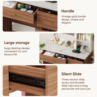 Makeup Vanity with Mirror and 3 Color Lights,Vanity Dressing Table with USB Charging Station,4 Drawers,Open Storage Shelves,White