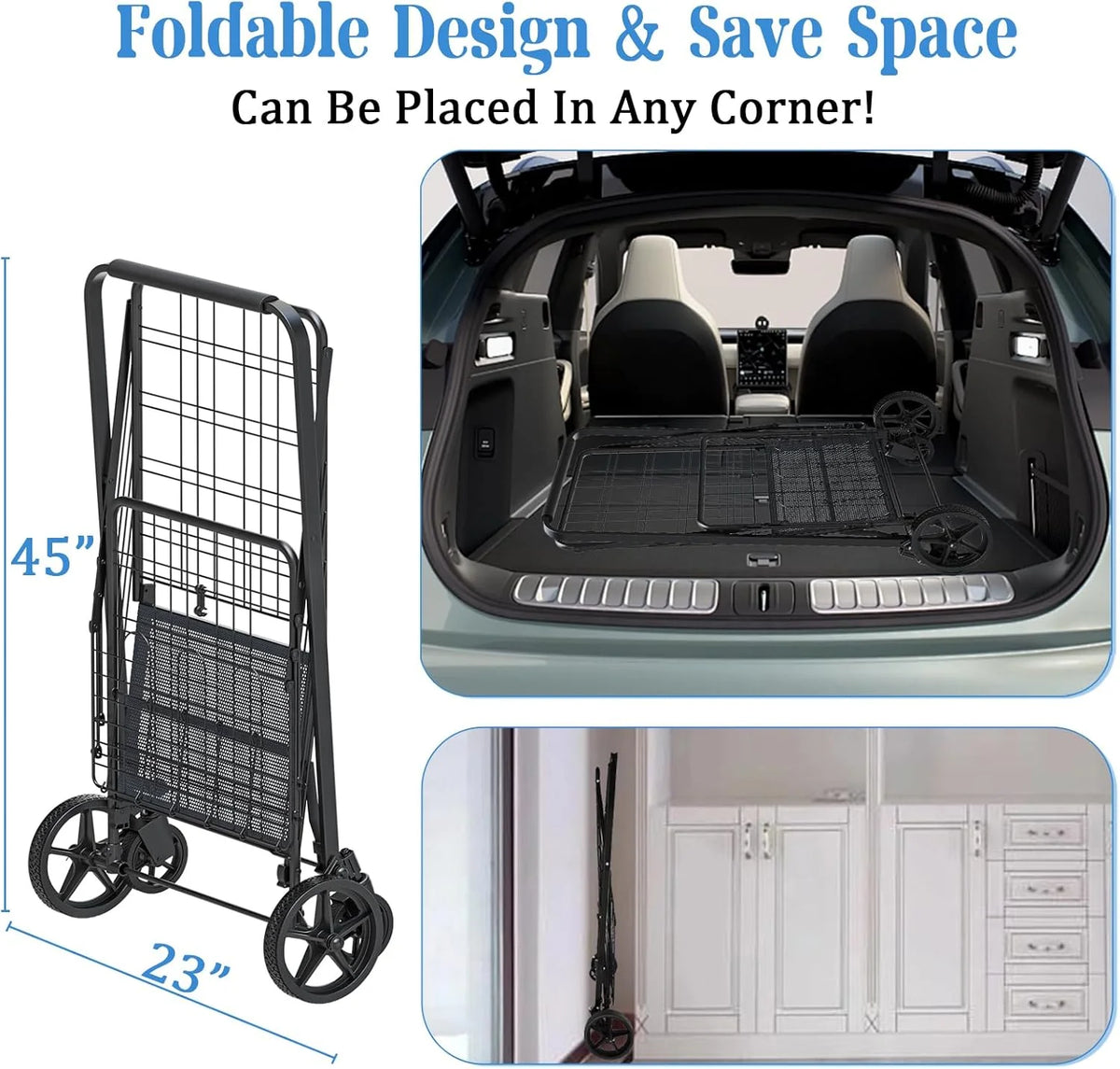 Heavy Duty Folding Shopping Cart for Groceries, Jumbo Double Basket with 360�� Swivel Wheels & Waterproof Bag, Portable Utility Cart for Shopping, Laundry, Holds Up to 320 LBS