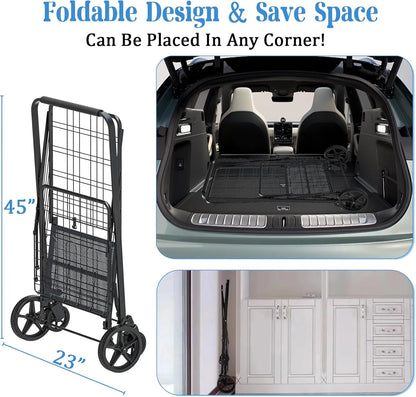Heavy Duty Folding Shopping Cart for Groceries, Jumbo Double Basket with 360�� Swivel Wheels & Waterproof Bag, Portable Utility Cart for Shopping, Laundry, Holds Up to 320 LBS