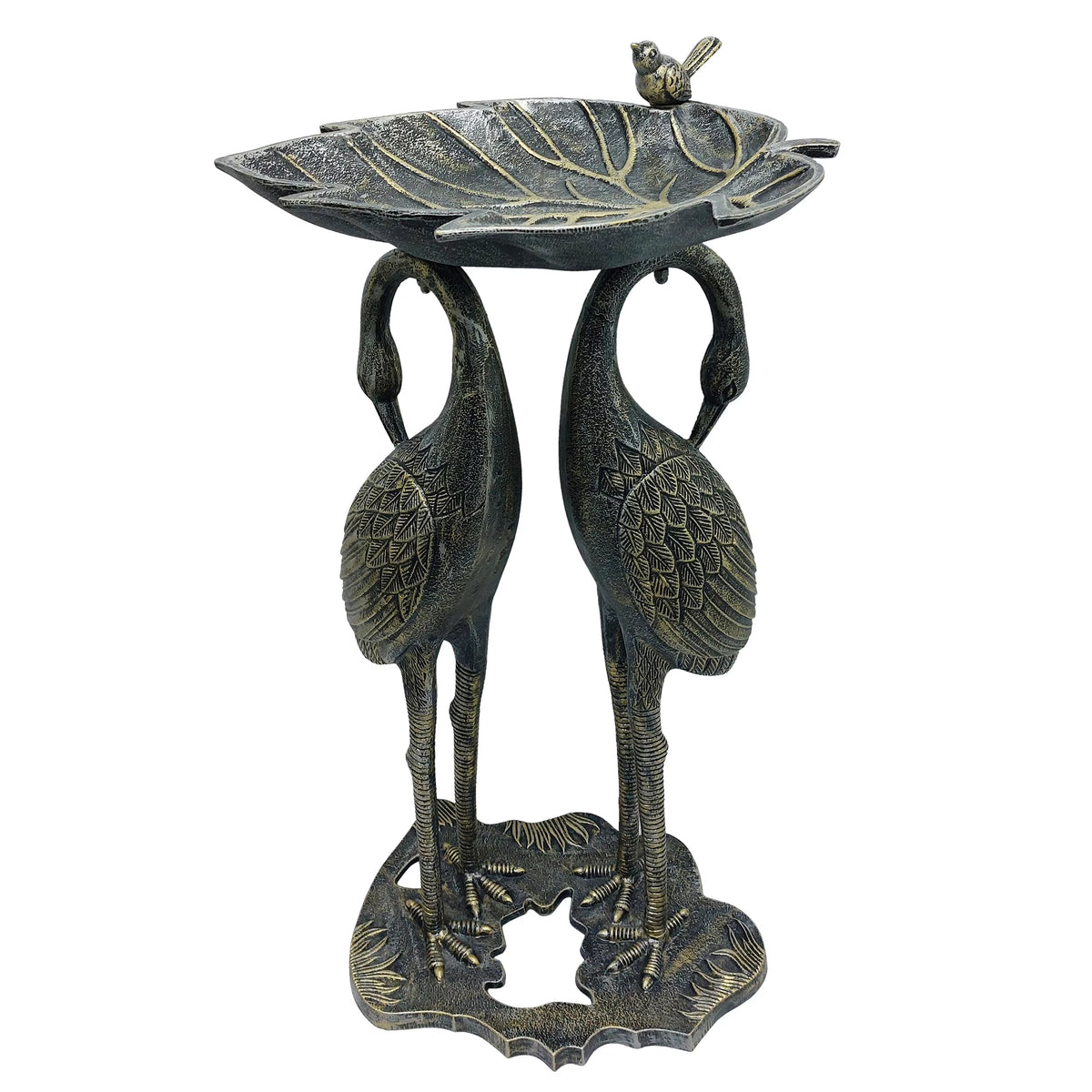 Oakland Living Corporation Cast Aluminum 30-in Twin Crane Bird Bath with Leaf Bowl Antique Pewter