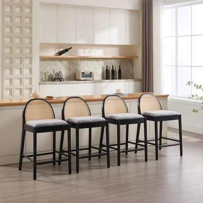 Guyou Modern Bar Stools Set of 2, 26" Counter Height Bar Stools with Natural Rattan Back and Solid Wood Frame, Sherpa Upholstered Kitchen Island Chairs for Bar Island Cafe Kitchen, Black
