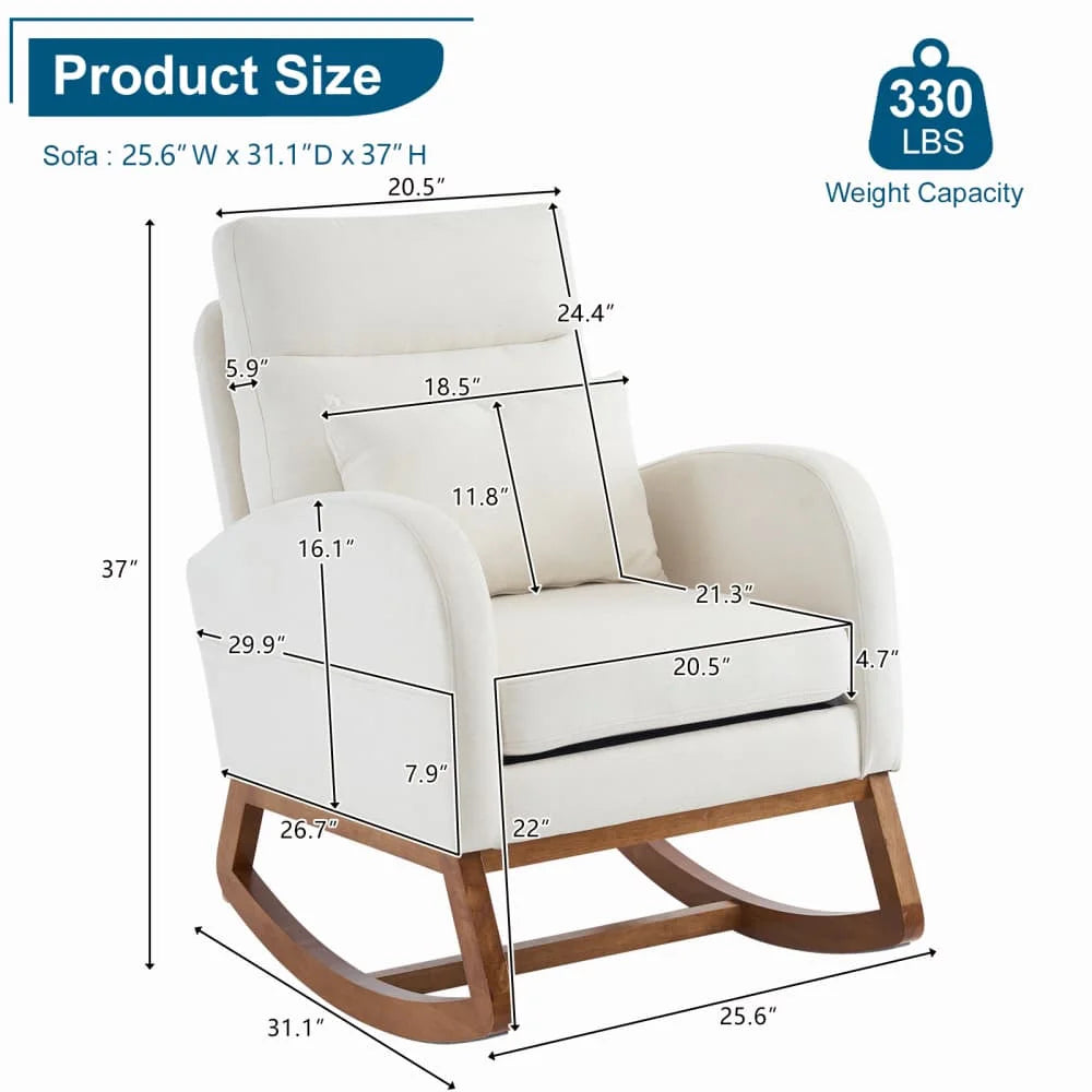 Hassch Upholstered Rocking Chair, Linen Fabric Glider Rocker with High Back, Accent Chair with Solid Wood Base, Reading Chair with Side Pocket for Living Room Bedroom Balcony, Gray